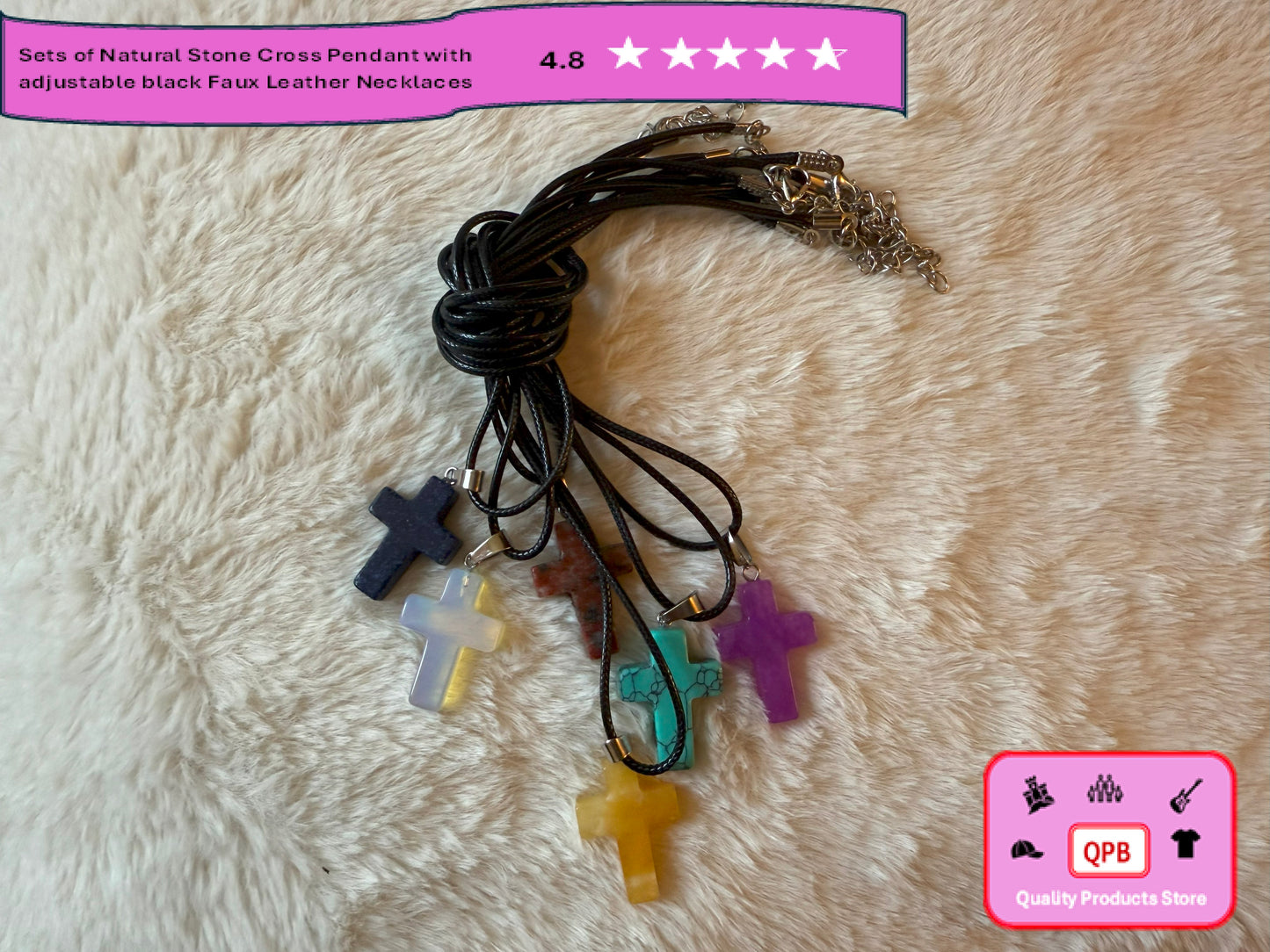 Natural Stone Cross Pendant with Adjustable Black Faux Leather Necklaces