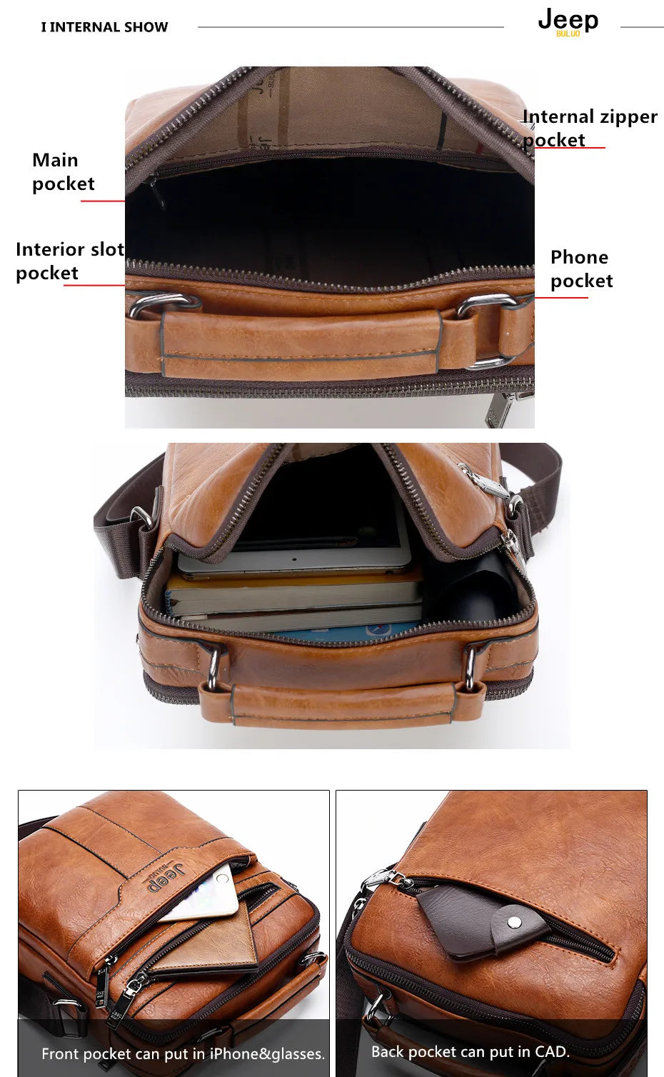 JEEP BULUO High quality Tote Fashion Business Man Messenger Bag Big Size Split Leather Bags Brand Men's Crossbody Shoulder Bags