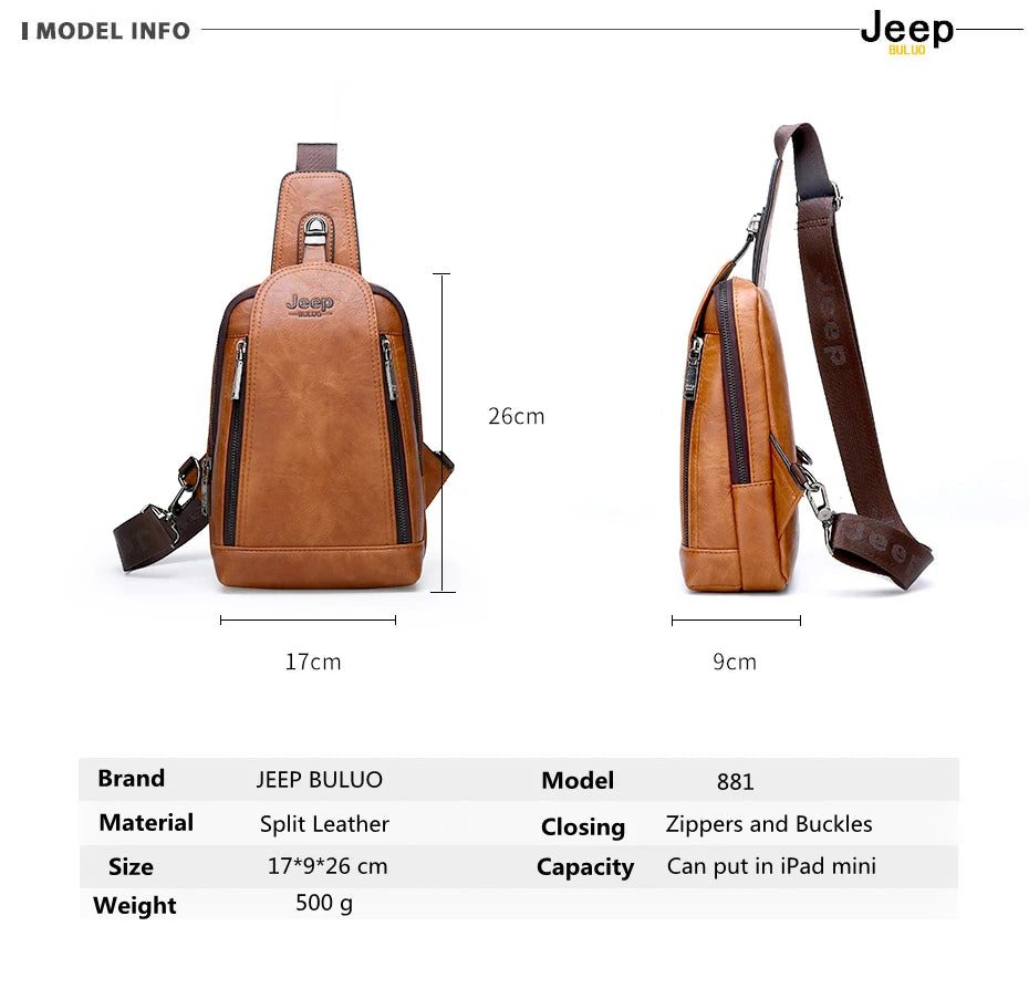 JEEP BULUO Brand Travel Hiking Messenger Shoulder Bags Men's Large Capacity Sling Crossbody Bag Solid Men Leather Bag