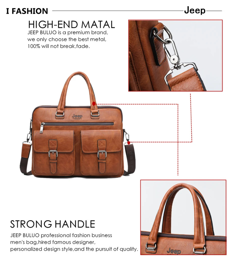 JEEP BULUO Brand Man'sBusiness Briefcase Bag 2pcs/set Split Leather High Quality Men office Bags For 13. 3 inch Laptop A4 Causel
