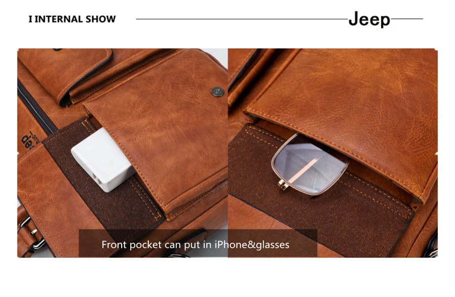 JEEP BULUO Brand Man'sBusiness Briefcase Bag 2pcs/set Split Leather High Quality Men office Bags For 13. 3 inch Laptop A4 Causel