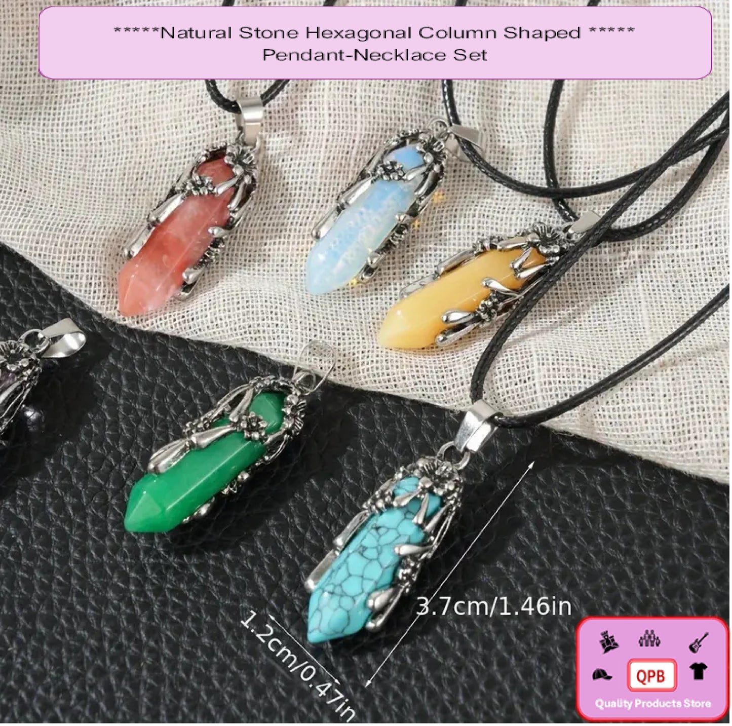 2pcs Natural Stone Hexagonal Column Shaped Wrapped Flowers Pendants Necklace