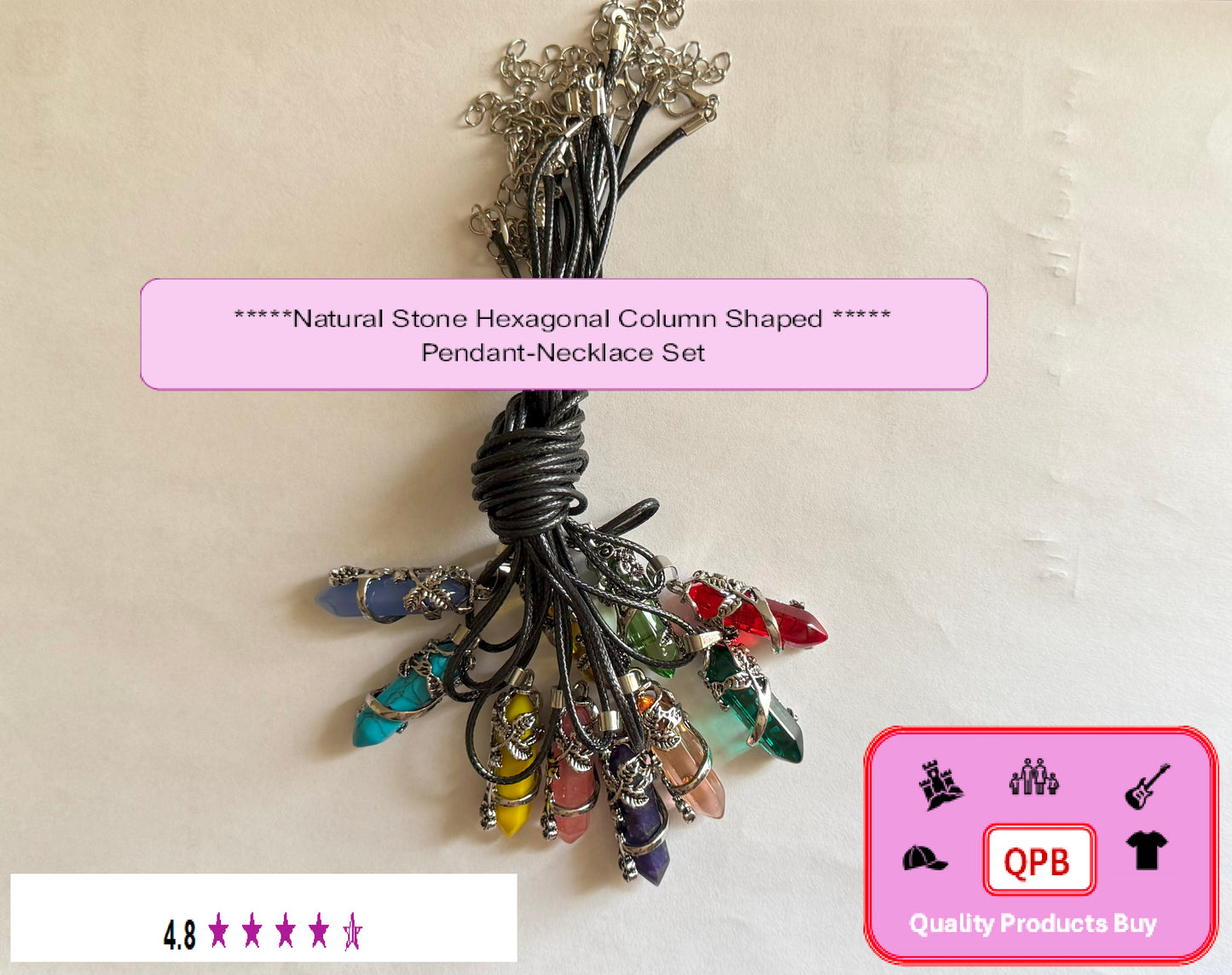 2pcs Natural Stone Hexagonal Column Shaped Wrapped Flowers Pendants Necklace