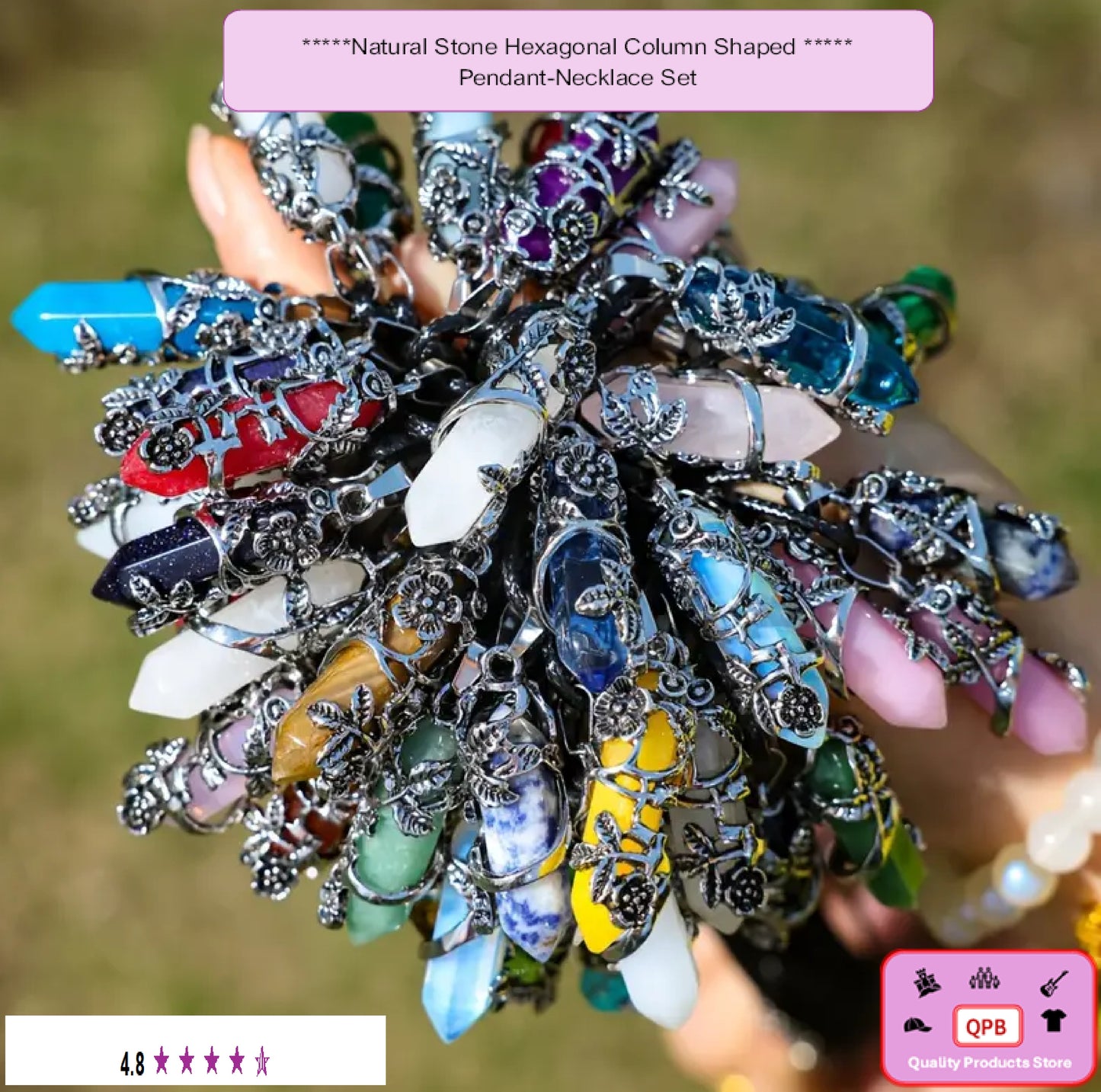 2pcs Natural Stone Hexagonal Column Shaped Wrapped Flowers Pendants Necklace
