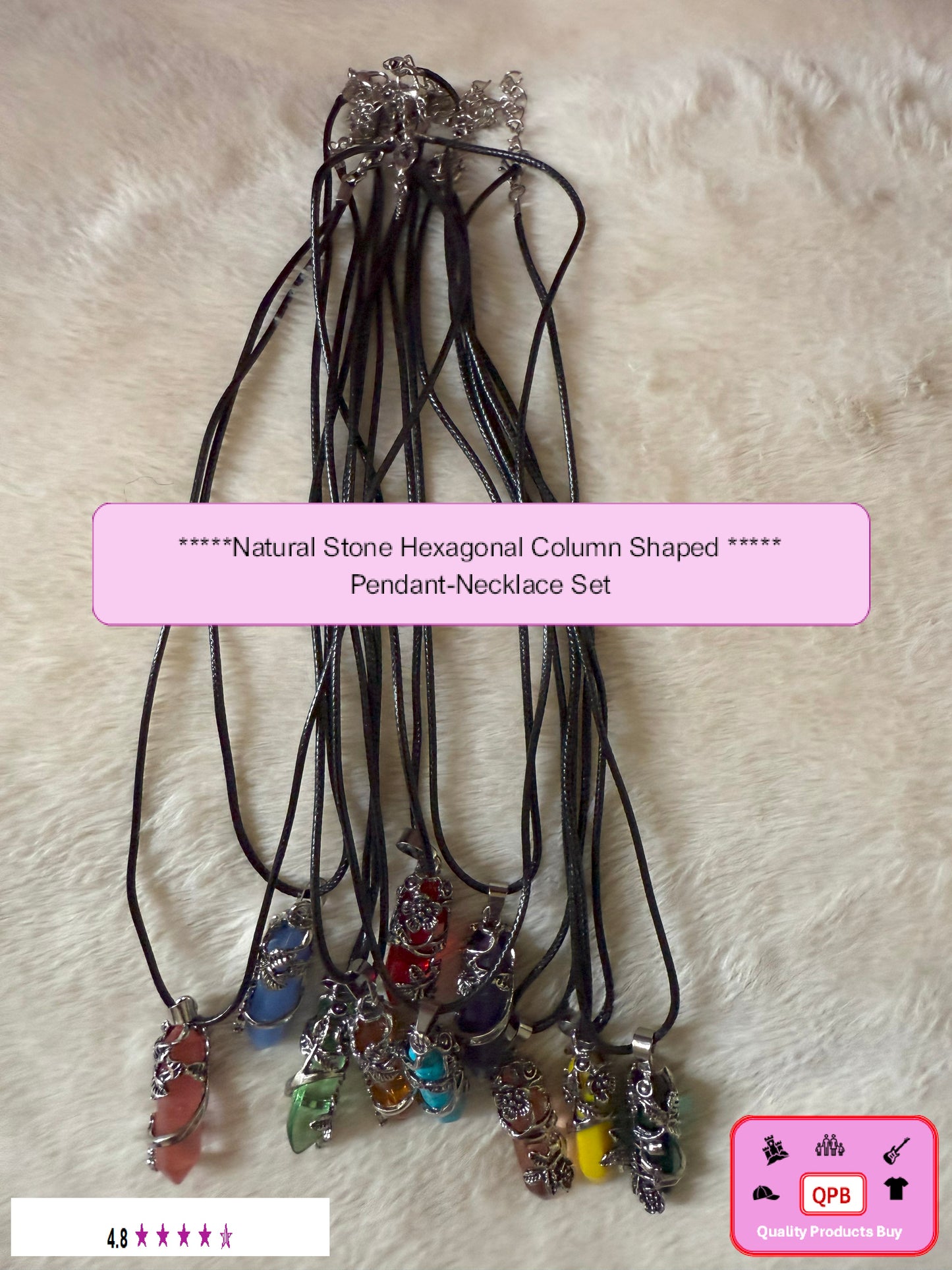 2pcs Natural Stone Hexagonal Column Shaped Wrapped Flowers Pendants Necklace