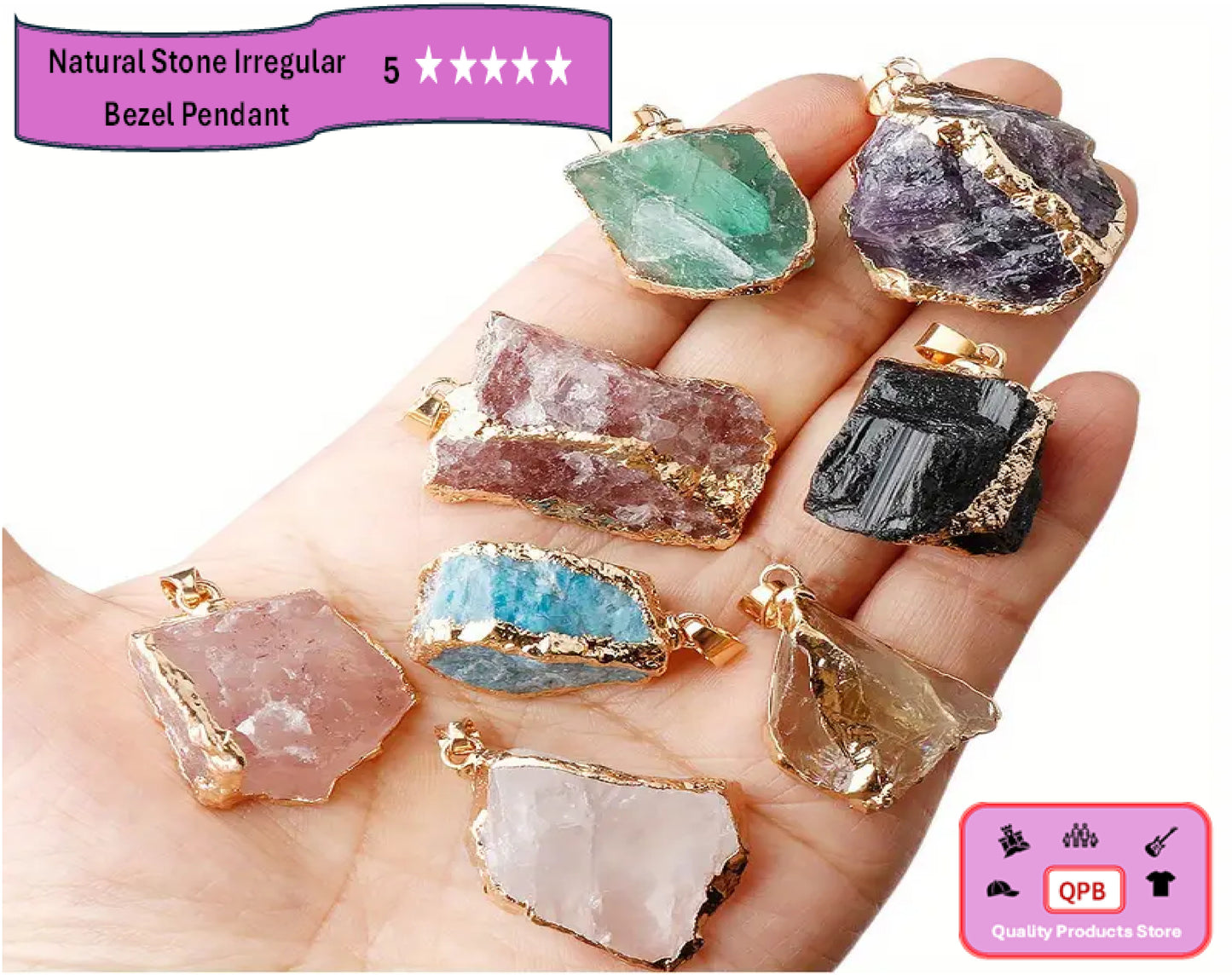 Natural Stone Irregular Bezel Pendants and Plated Edging & Black Leather Cords