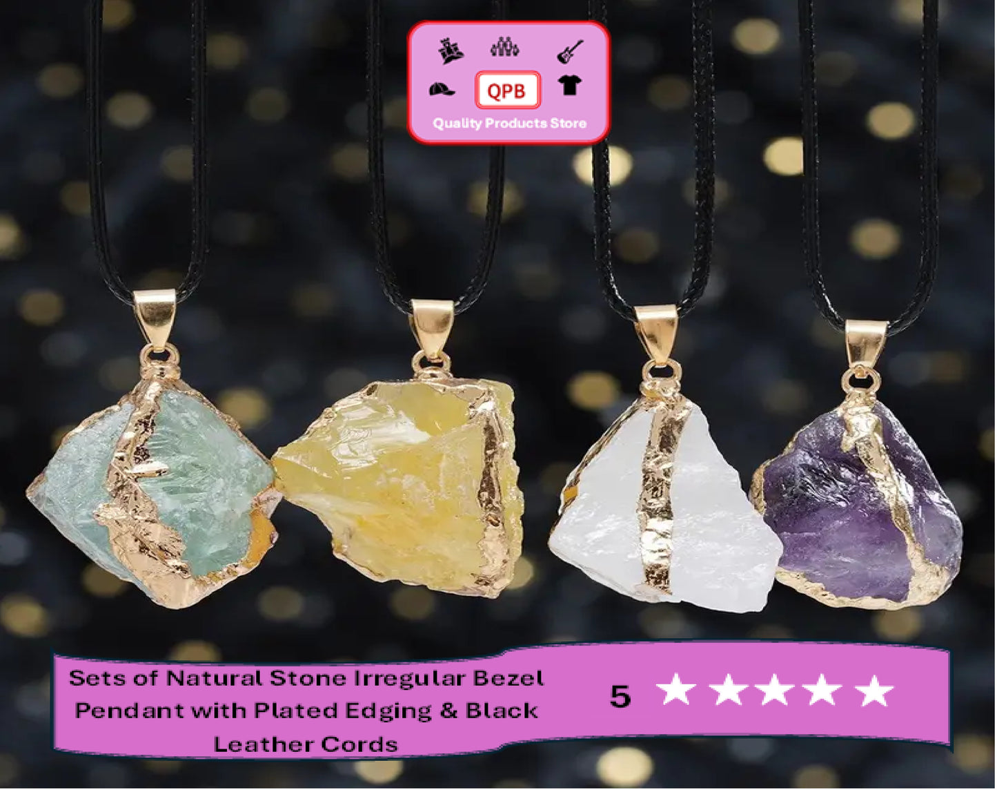 Natural Stone Irregular Bezel Pendants and Plated Edging & Black Leather Cords