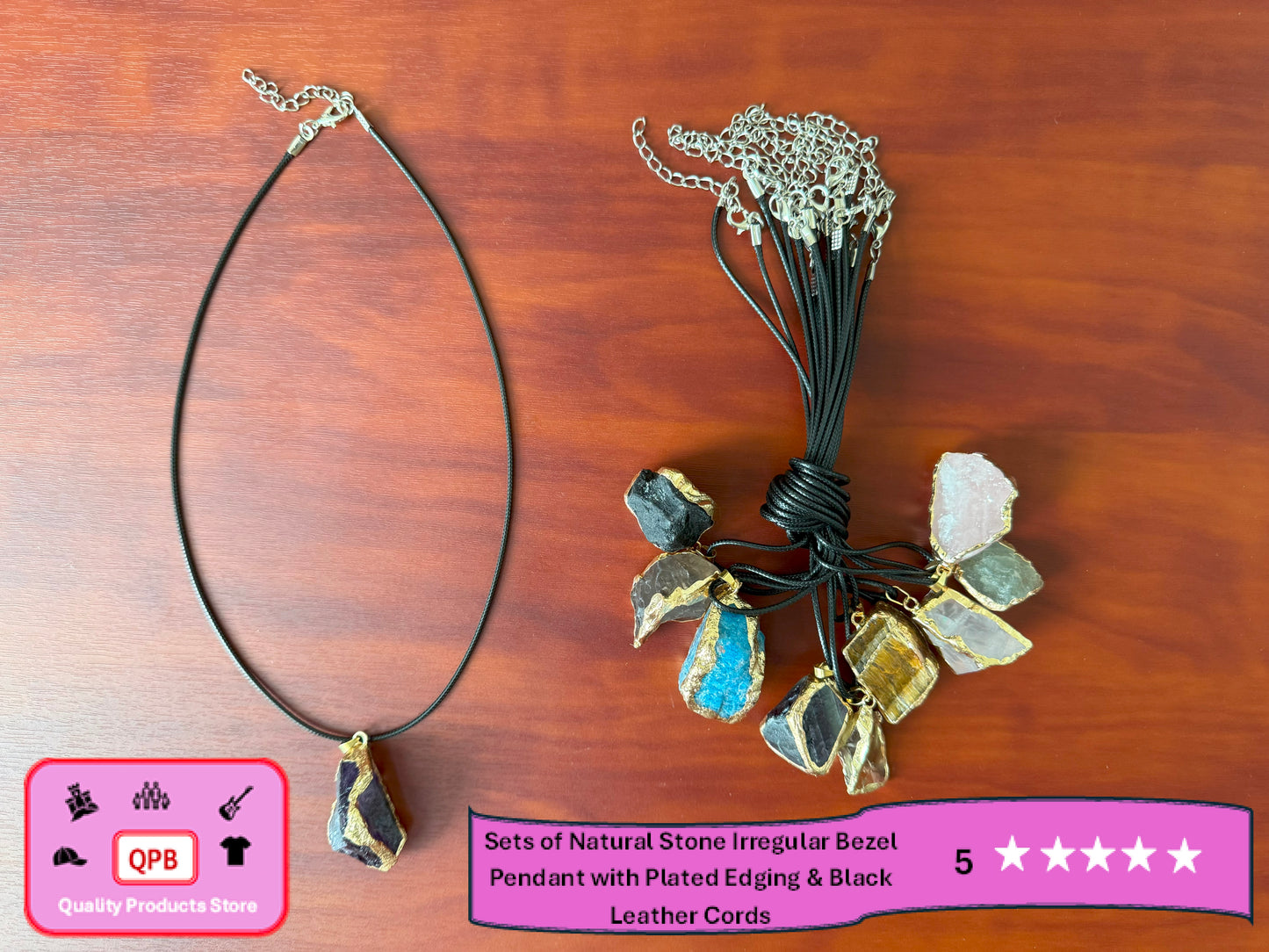 Natural Stone Irregular Bezel Pendants and Plated Edging & Black Leather Cords