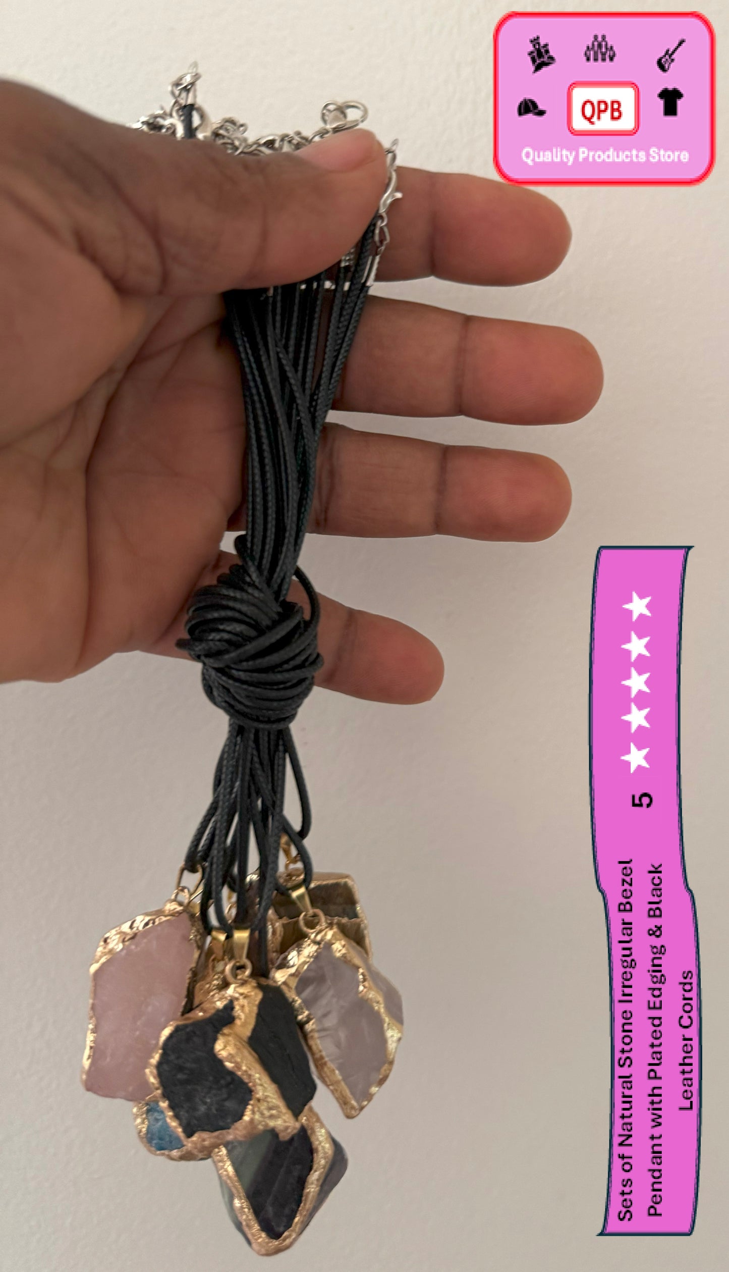 Natural Stone Irregular Bezel Pendants and Plated Edging & Black Leather Cords