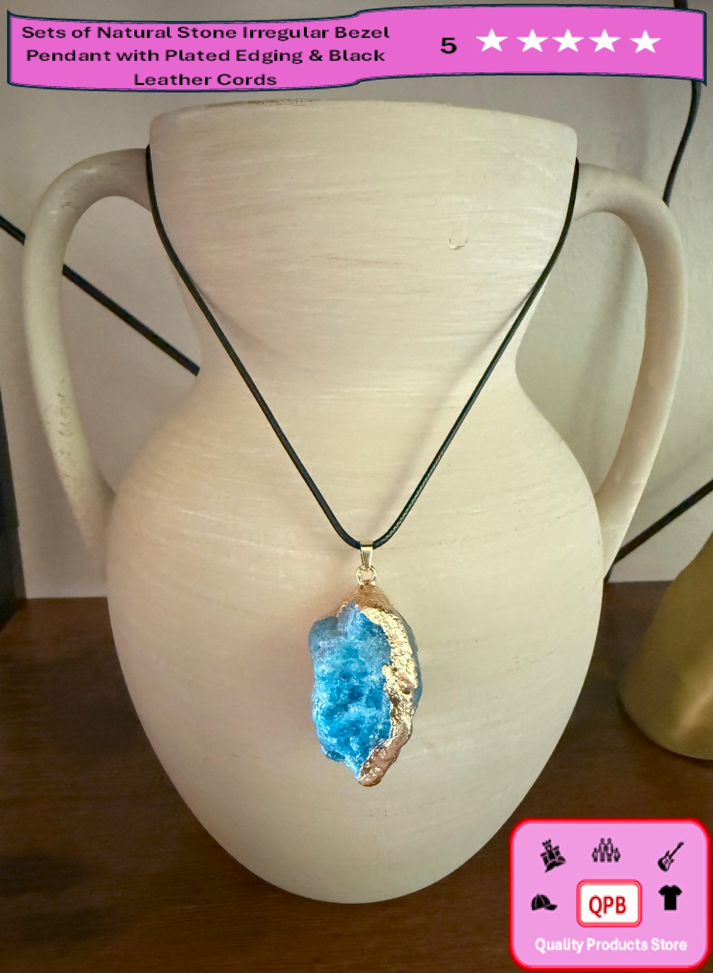 Natural Stone Irregular Bezel Pendants and Plated Edging & Black Leather Cords