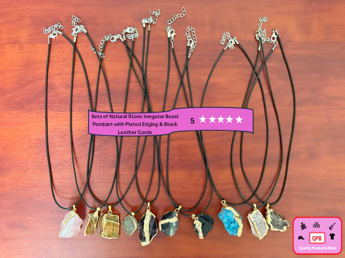 Natural Stone Irregular Bezel Pendants and Plated Edging & Black Leather Cords