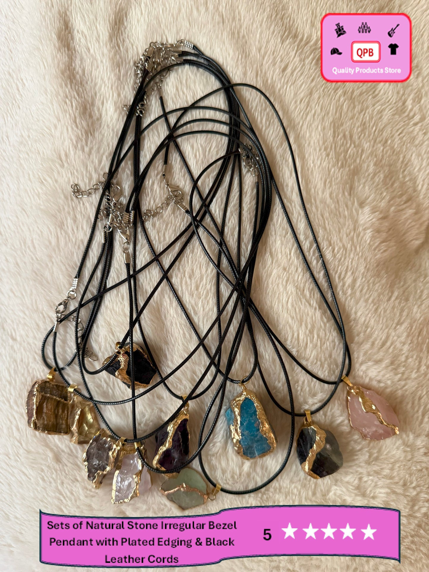 Natural Stone Irregular Bezel Pendants and Plated Edging & Black Leather Cords