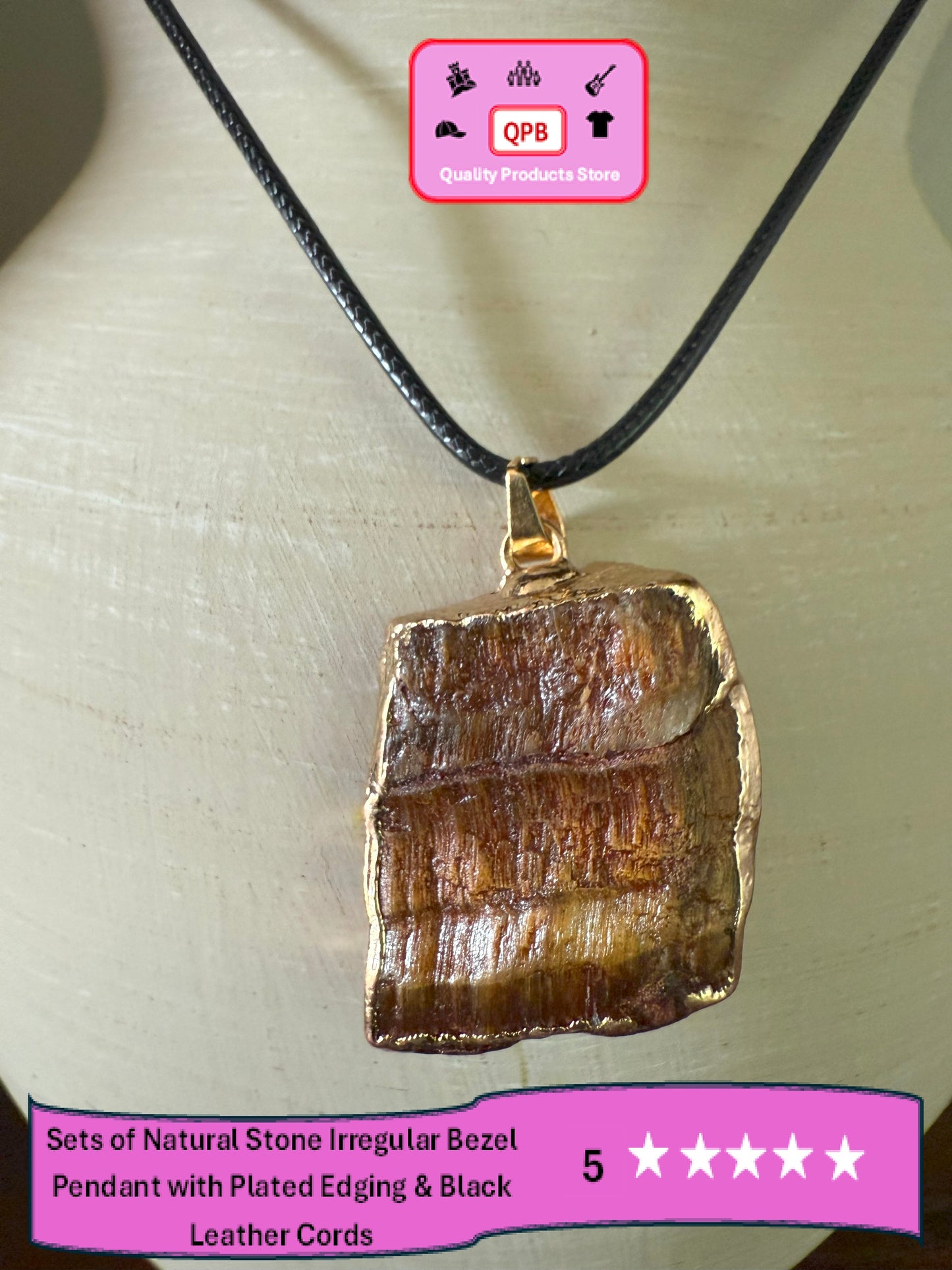 Natural Stone Irregular Bezel Pendants and Plated Edging & Black Leather Cords