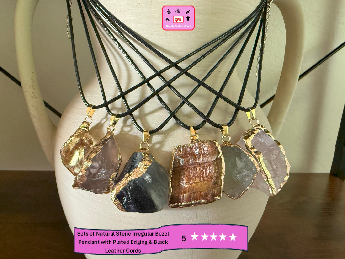 Natural Stone Irregular Bezel Pendants and Plated Edging & Black Leather Cords