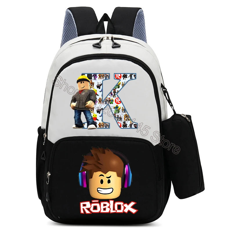 2Pcs Roblox Child Backpack Pencil Bag Cartoon Letter A-Z Printed School Bag Boys Large Capacity Backpack Kids Birthday Gifts