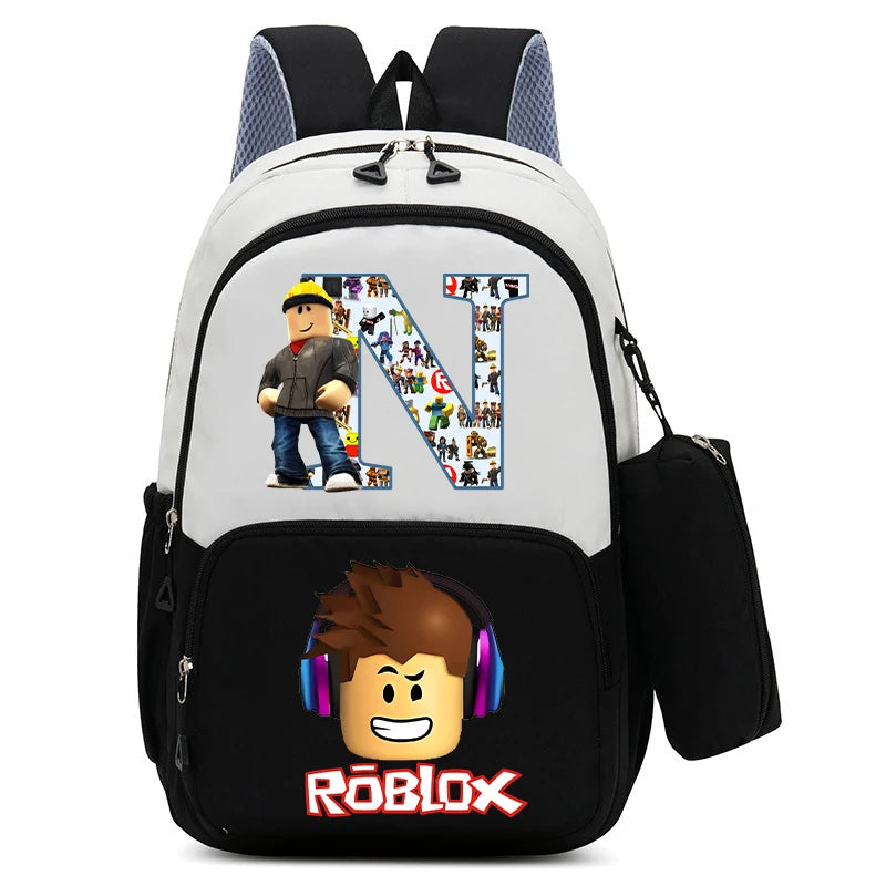 2Pcs Roblox Child Backpack Pencil Bag Cartoon Letter A-Z Printed School Bag Boys Large Capacity Backpack Kids Birthday Gifts