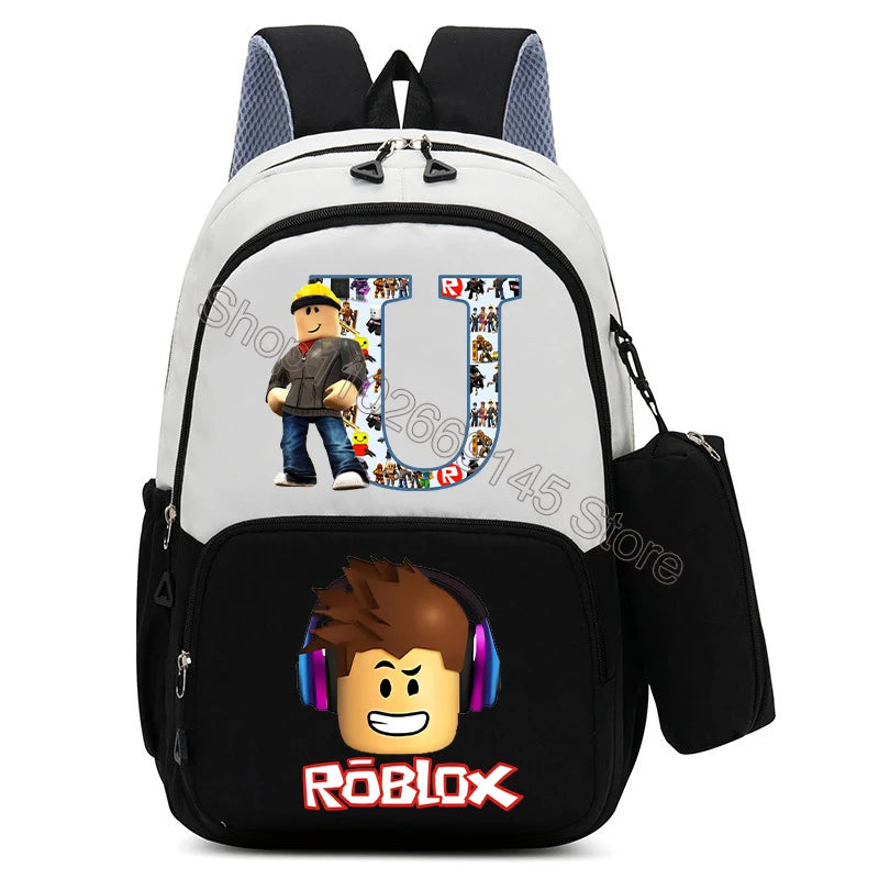 2Pcs Roblox Child Backpack Pencil Bag Cartoon Letter A-Z Printed School Bag Boys Large Capacity Backpack Kids Birthday Gifts