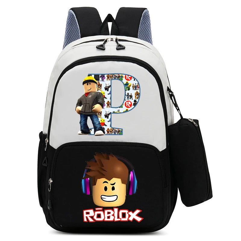 2Pcs Roblox Child Backpack Pencil Bag Cartoon Letter A-Z Printed School Bag Boys Large Capacity Backpack Kids Birthday Gifts