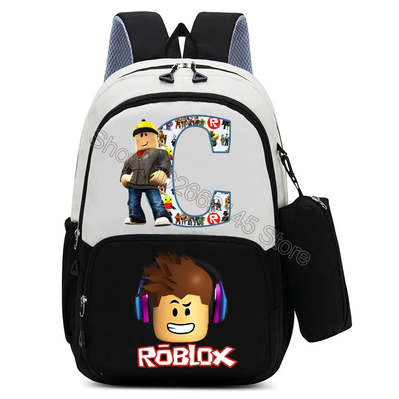 2Pcs Roblox Child Backpack Pencil Bag Cartoon Letter A-Z Printed School Bag Boys Large Capacity Backpack Kids Birthday Gifts