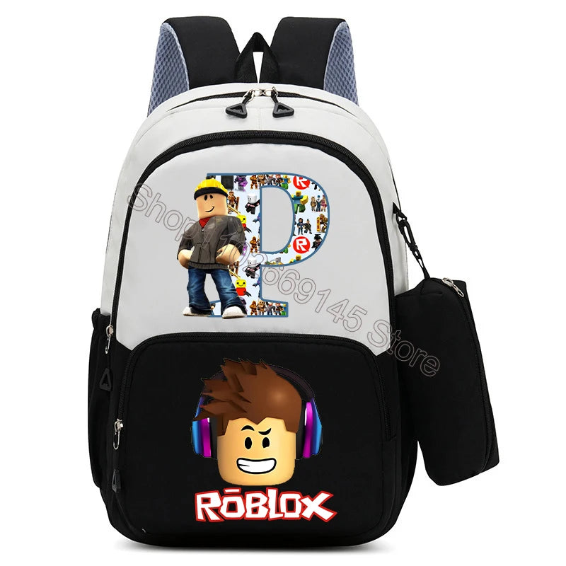 2Pcs Roblox Child Backpack Pencil Bag Cartoon Letter A-Z Printed School Bag Boys Large Capacity Backpack Kids Birthday Gifts