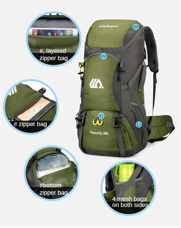 50L Travel Backpack Camping Men Large Hiking Bag Tourist Rucksack Waterproof Outdoor Sports Climbing Mountaineering Bag Luggage