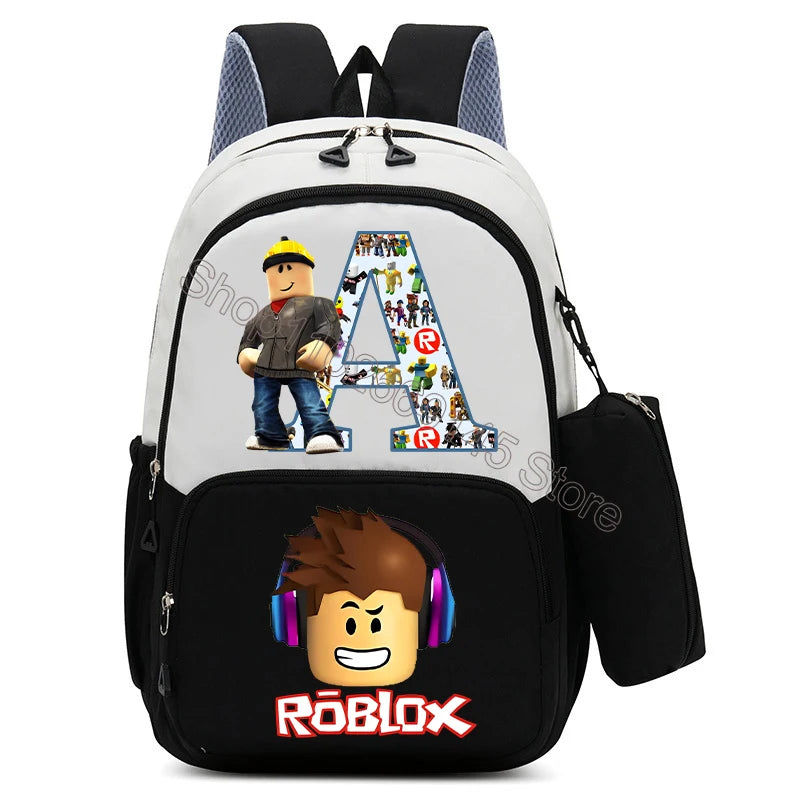 2Pcs Roblox Child Backpack Pencil Bag Cartoon Letter A-Z Printed School Bag Boys Large Capacity Backpack Kids Birthday Gifts