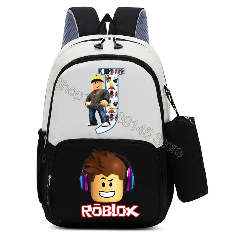 2Pcs Roblox Child Backpack Pencil Bag Cartoon Letter A-Z Printed School Bag Boys Large Capacity Backpack Kids Birthday Gifts