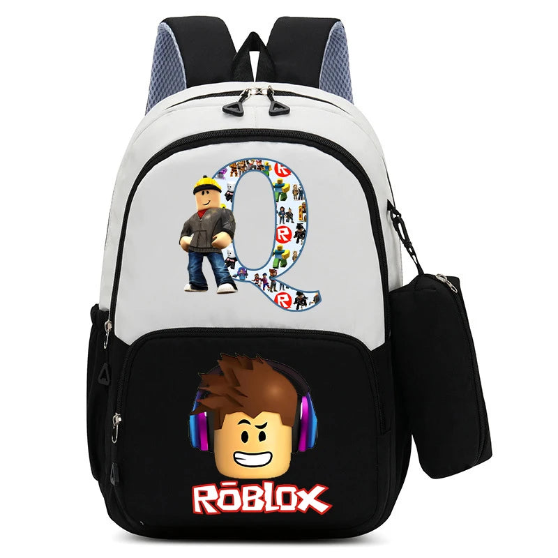 2Pcs Roblox Child Backpack Pencil Bag Cartoon Letter A-Z Printed School Bag Boys Large Capacity Backpack Kids Birthday Gifts