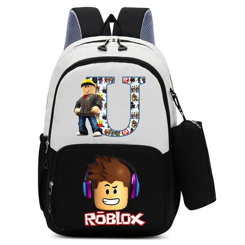 2Pcs Roblox Child Backpack Pencil Bag Cartoon Letter A-Z Printed School Bag Boys Large Capacity Backpack Kids Birthday Gifts