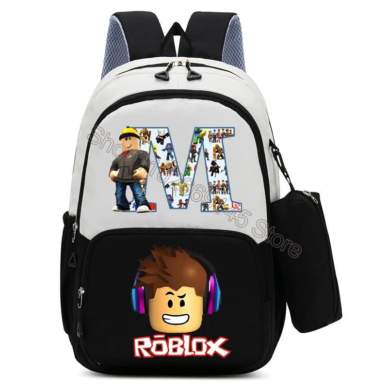2Pcs Roblox Child Backpack Pencil Bag Cartoon Letter A-Z Printed School Bag Boys Large Capacity Backpack Kids Birthday Gifts