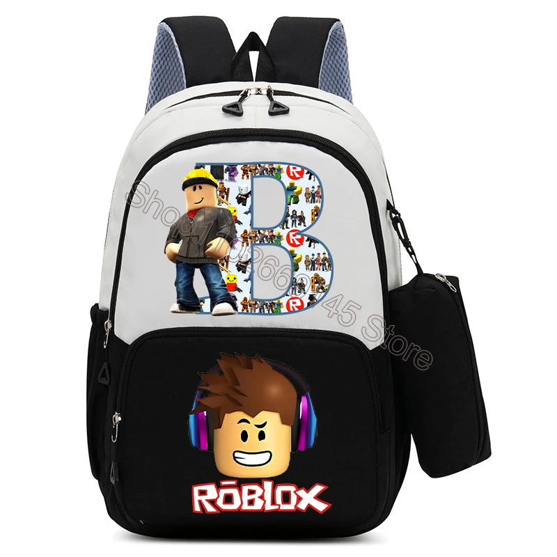2Pcs Roblox Child Backpack Pencil Bag Cartoon Letter A-Z Printed School Bag Boys Large Capacity Backpack Kids Birthday Gifts