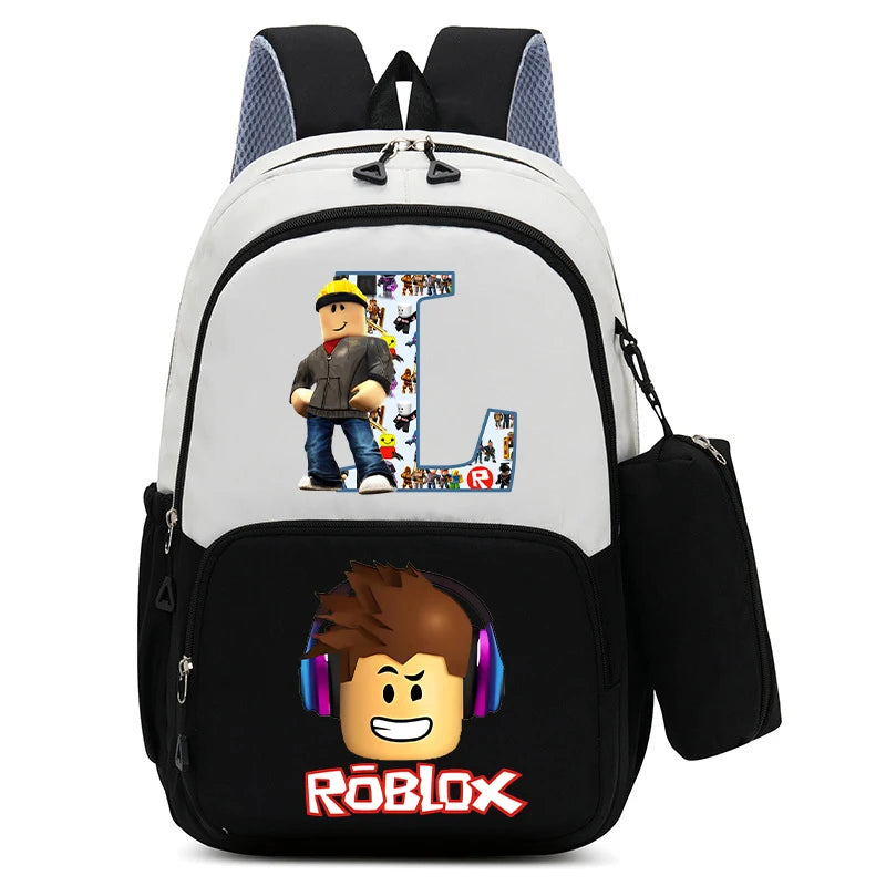 2Pcs Roblox Child Backpack Pencil Bag Cartoon Letter A-Z Printed School Bag Boys Large Capacity Backpack Kids Birthday Gifts