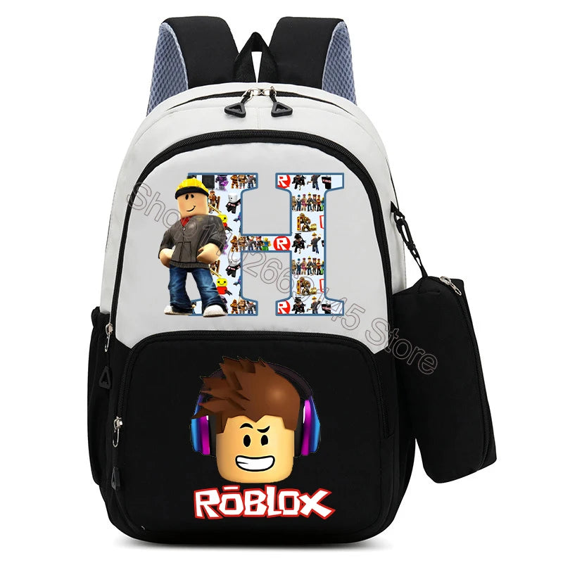 2Pcs Roblox Child Backpack Pencil Bag Cartoon Letter A-Z Printed School Bag Boys Large Capacity Backpack Kids Birthday Gifts