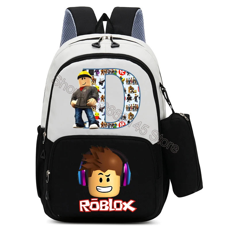 2Pcs Roblox Child Backpack Pencil Bag Cartoon Letter A-Z Printed School Bag Boys Large Capacity Backpack Kids Birthday Gifts