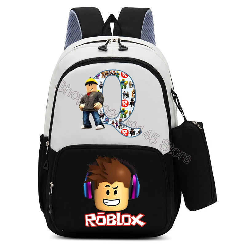 2Pcs Roblox Child Backpack Pencil Bag Cartoon Letter A-Z Printed School Bag Boys Large Capacity Backpack Kids Birthday Gifts