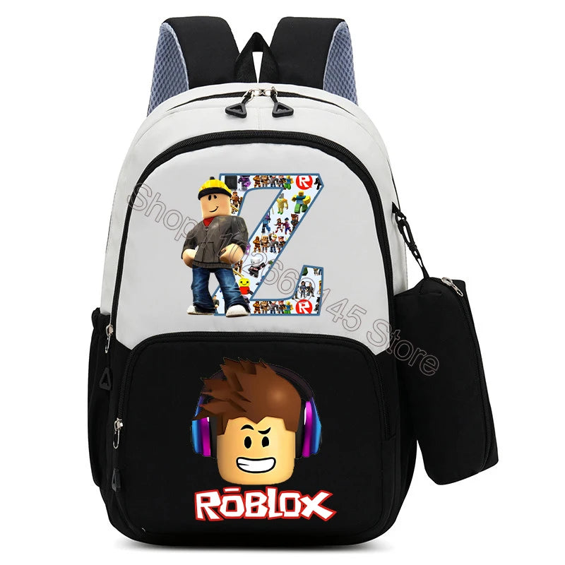2Pcs Roblox Child Backpack Pencil Bag Cartoon Letter A-Z Printed School Bag Boys Large Capacity Backpack Kids Birthday Gifts