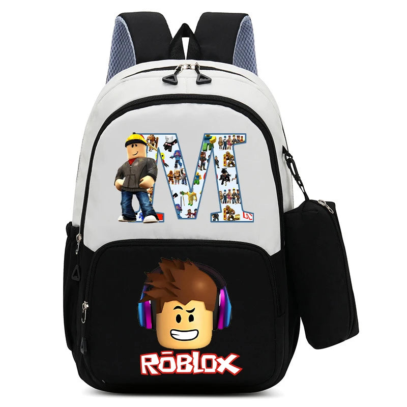 2Pcs Roblox Child Backpack Pencil Bag Cartoon Letter A-Z Printed School Bag Boys Large Capacity Backpack Kids Birthday Gifts