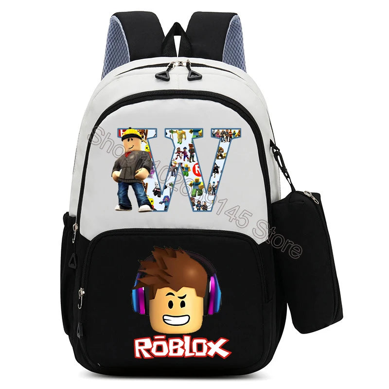 2Pcs Roblox Child Backpack Pencil Bag Cartoon Letter A-Z Printed School Bag Boys Large Capacity Backpack Kids Birthday Gifts