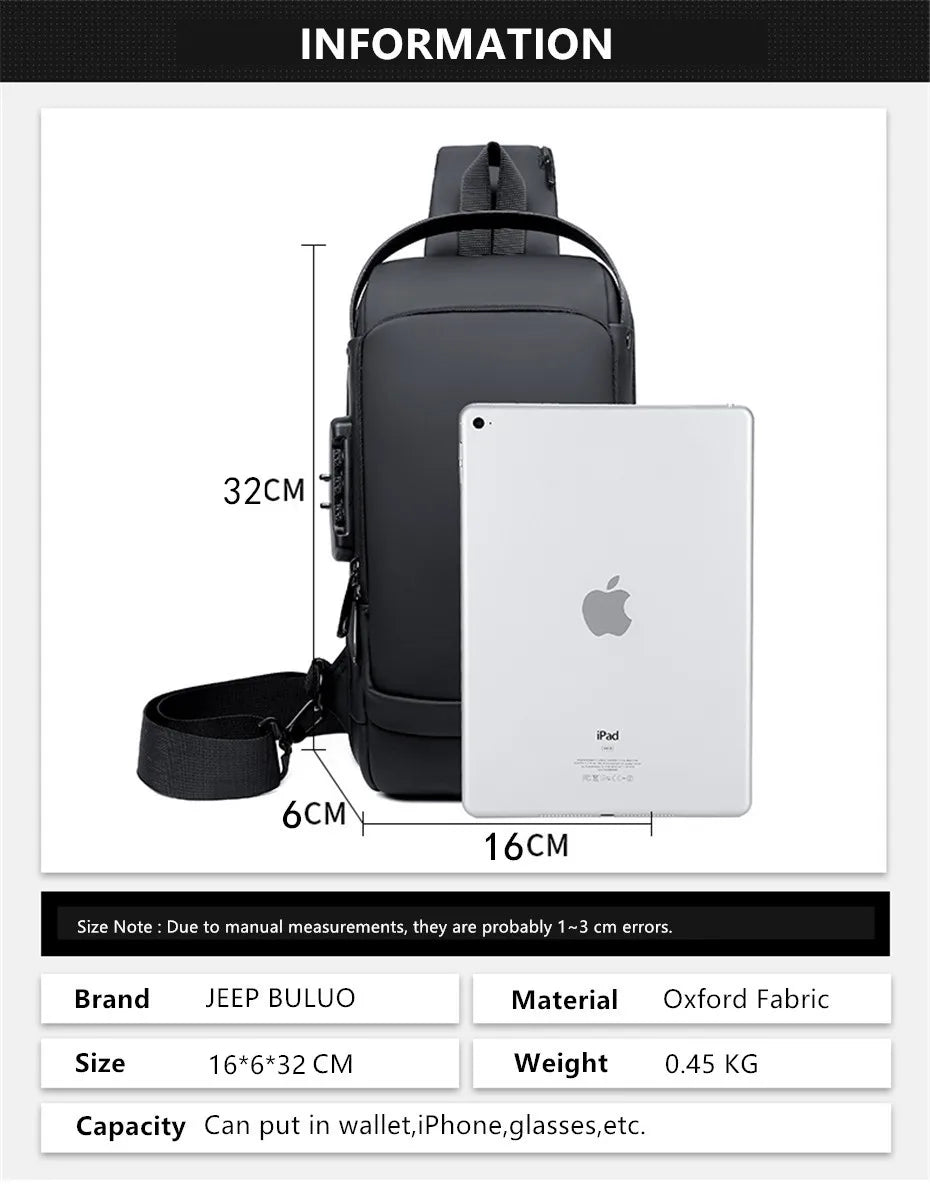 JEEP BULUO Brand High Quality Men Chest Sling Bags Motorcycle Crossbody Shoulder Bag Travel Pack Anti-theft Male Fashion Hot New