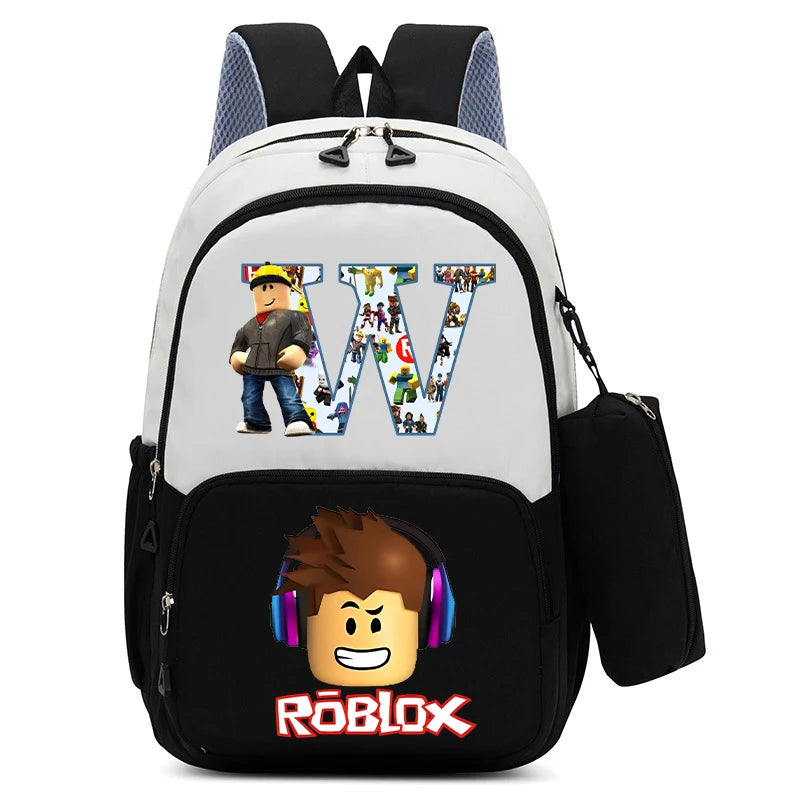2Pcs Roblox Child Backpack Pencil Bag Cartoon Letter A-Z Printed School Bag Boys Large Capacity Backpack Kids Birthday Gifts