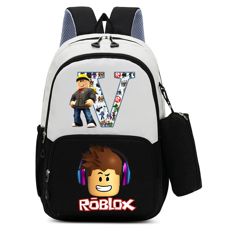 2Pcs Roblox Child Backpack Pencil Bag Cartoon Letter A-Z Printed School Bag Boys Large Capacity Backpack Kids Birthday Gifts