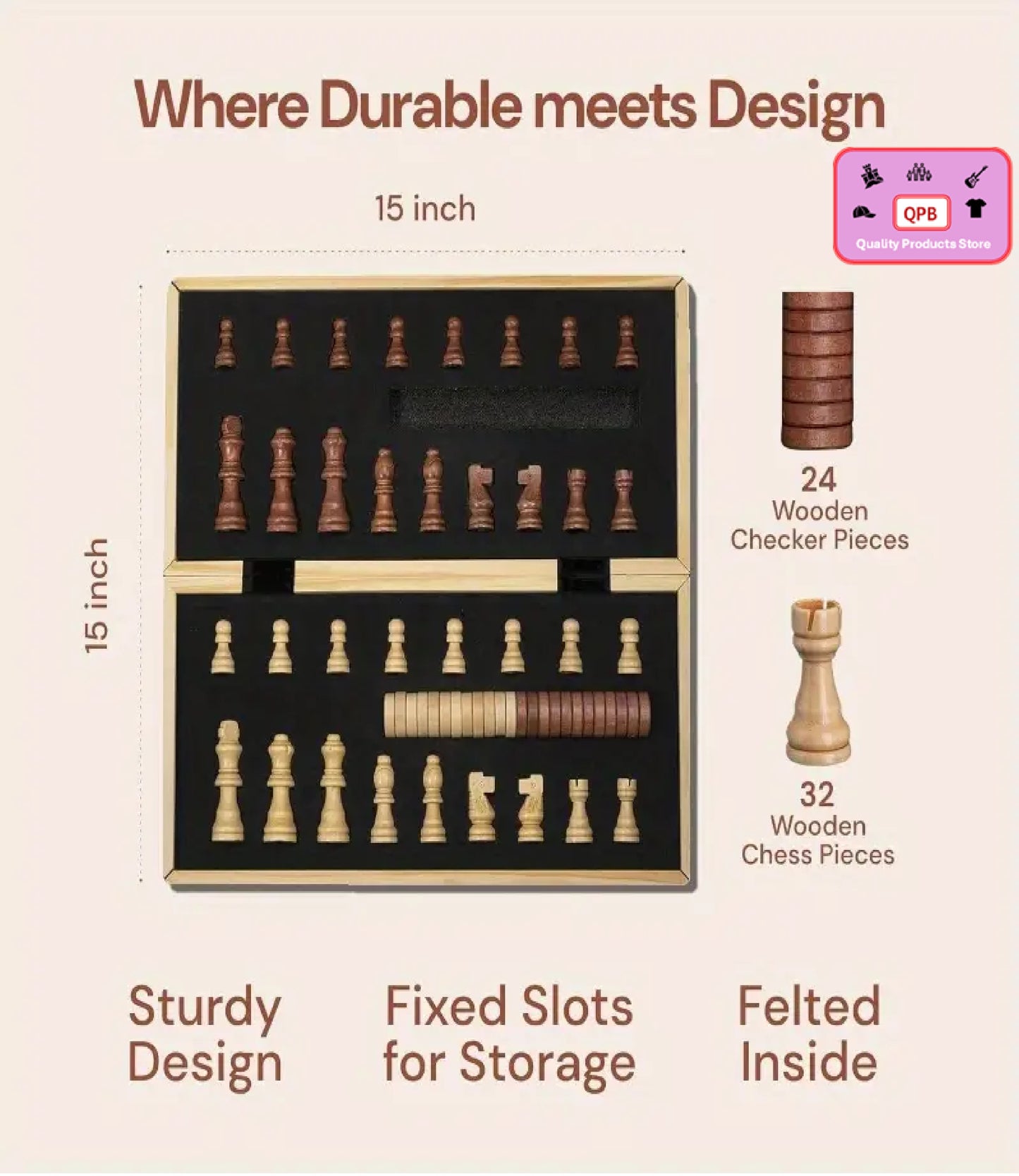 15" Wooden Chess and Checkers Set 2-in-1