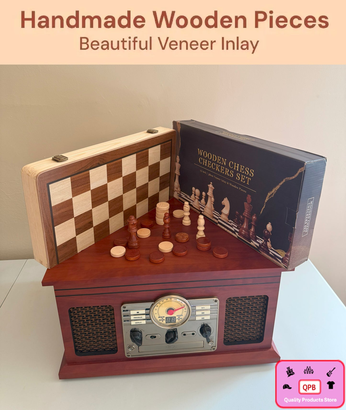 15" Wooden Chess and Checkers Set 2-in-1
