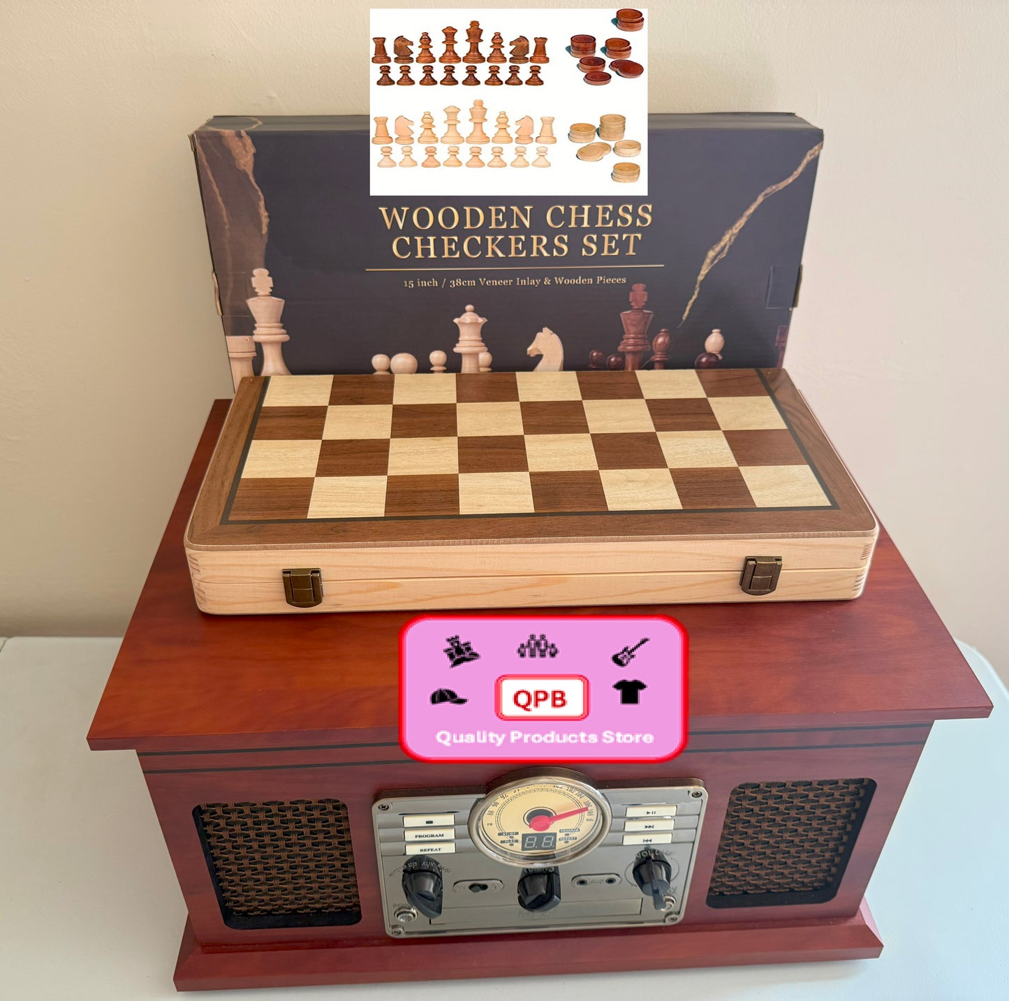15" Wooden Chess and Checkers Set 2-in-1
