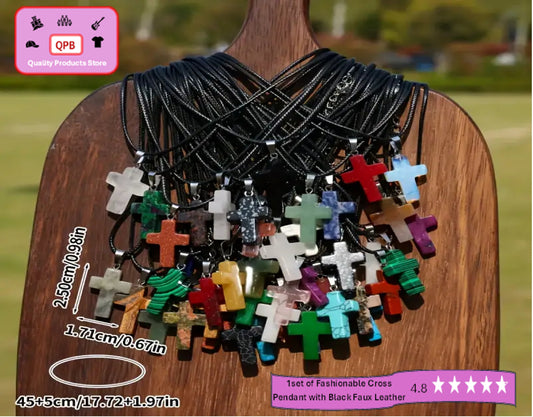 Natural Stone Cross Pendant with Adjustable Black Faux Leather Necklaces