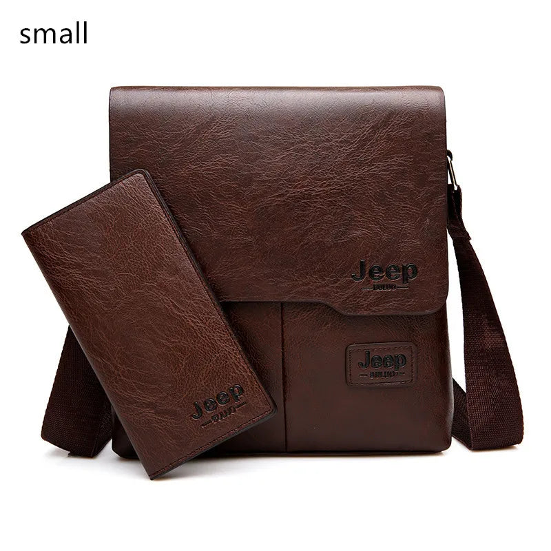 JEEP BULUO Men Bag Famous Brand 2 pcs Set Man Leather Messenger Shouder Bag Business Travelling Bags Male Tote Cross body Bags
