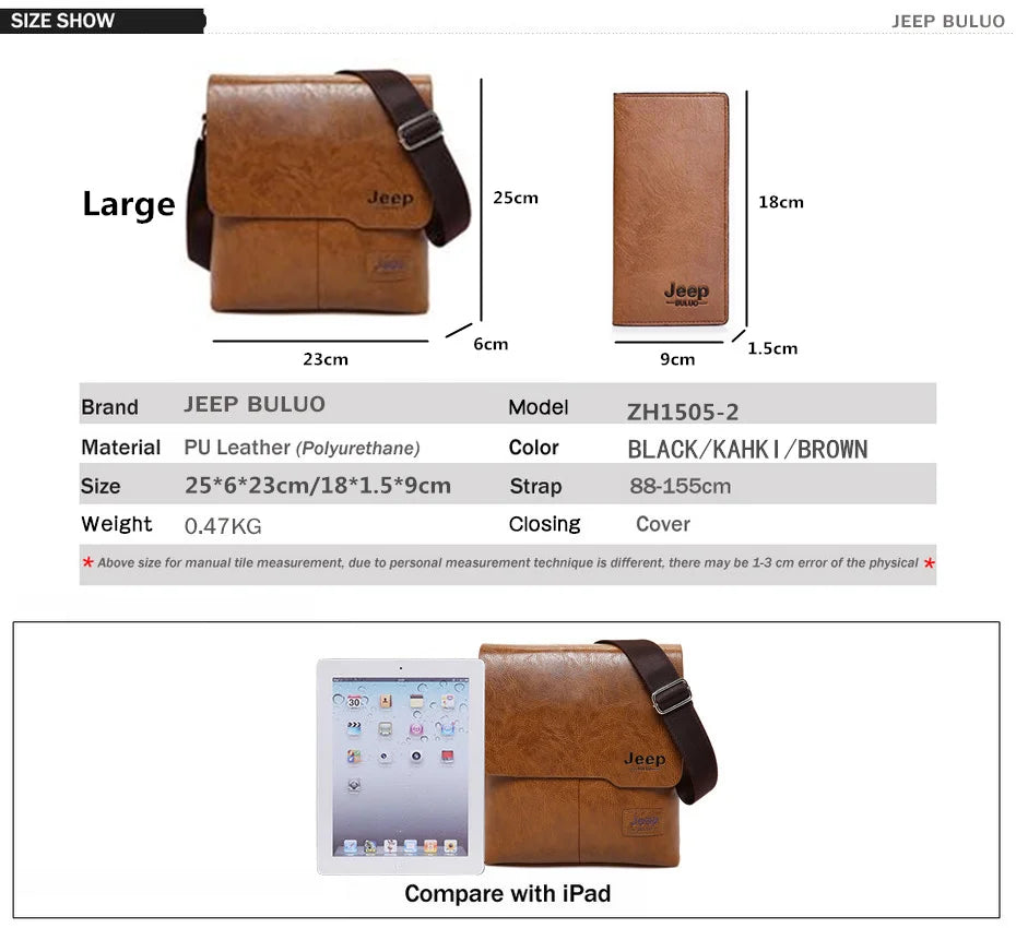 JEEP BULUO Men Bag Famous Brand 2 pcs Set Man Leather Messenger Shouder Bag Business Travelling Bags Male Tote Cross body Bags