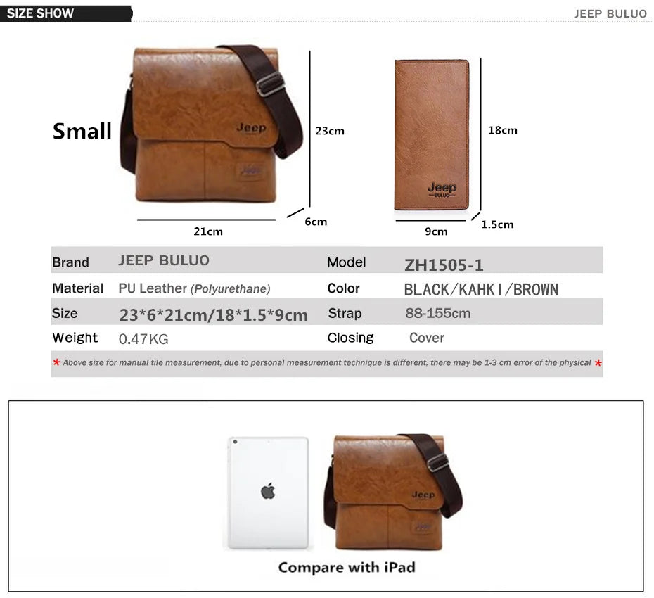 JEEP BULUO Men Bag Famous Brand 2 pcs Set Man Leather Messenger Shouder Bag Business Travelling Bags Male Tote Cross body Bags