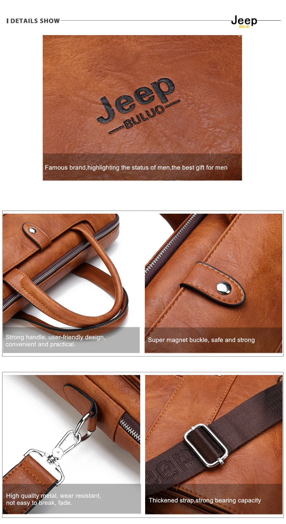JEEP BULUO Business Travel Handbag office Business Male Bag For A4 Files Man Briefcase Big Size 15 inches Laptop Bags Tote bag