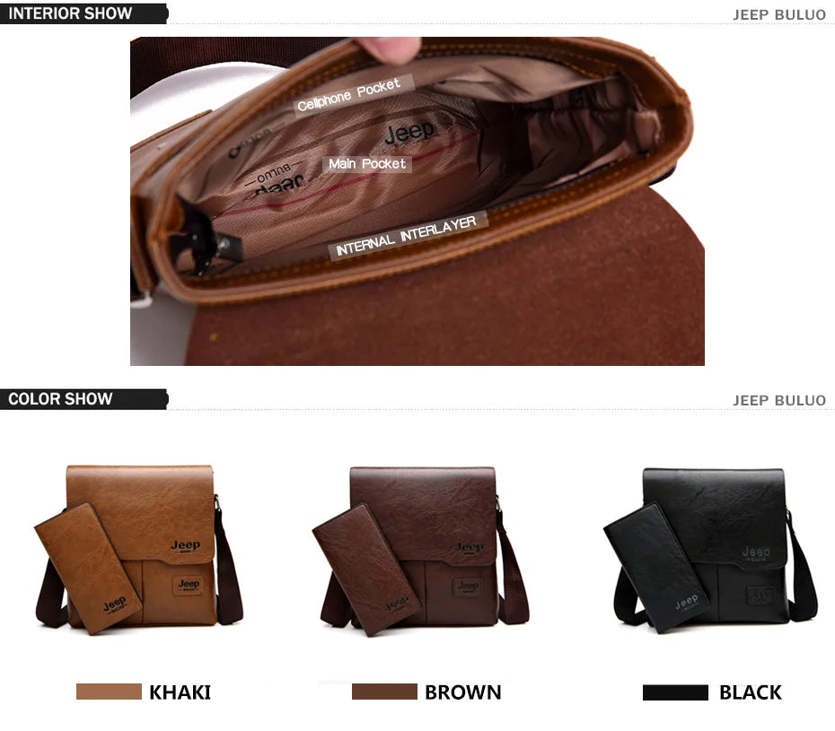 JEEP BULUO Men Bag Famous Brand 2 pcs Set Man Leather Messenger Shouder Bag Business Travelling Bags Male Tote Cross body Bags